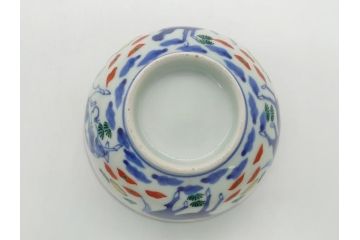 江戸期　大明萬暦年製　古伊万里　色絵　染付　稀少図柄　馬　3.8寸　約11.5cm　生き生きとした馬の絵付けが魅力の蓋付き茶碗3客セット(和食器、三寸八分)(R-062243)