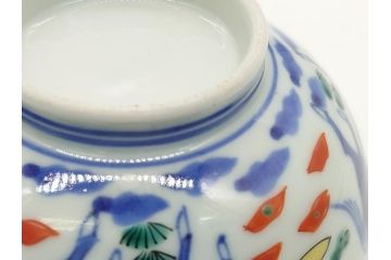 江戸期　大明萬暦年製　古伊万里　色絵　染付　稀少図柄　馬　3.8寸　約11.5cm　生き生きとした馬の絵付けが魅力の蓋付き茶碗3客セット(和食器、三寸八分)(R-062243)