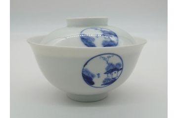 江戸期　古伊万里　大明成化年製　染付　山水文　丸文　3.6寸　約11cm　温かみのあるフォルムが魅力の蓋付き茶碗3客セット(三寸六分、和食器、和皿)(R-062245)