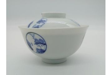 江戸期　古伊万里　大明成化年製　染付　山水文　丸文　3.6寸　約11cm　温かみのあるフォルムが魅力の蓋付き茶碗3客セット(三寸六分、和食器、和皿)(R-062245)