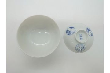 江戸期　古伊万里　大明成化年製　染付　山水文　丸文　3.6寸　約11cm　温かみのあるフォルムが魅力の蓋付き茶碗3客セット(三寸六分、和食器、和皿)(R-062245)