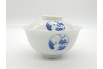 江戸期　古伊万里　大明成化年製　染付　山水文　丸文　3.6寸　約11cm　温かみのあるフォルムが魅力の蓋付き茶碗5客セット(三寸六分、和食器、和皿)(R-062246)