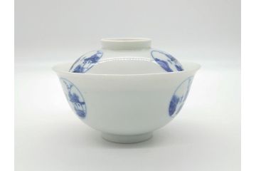 江戸期　古伊万里　大明成化年製　染付　山水文　丸文　3.6寸　約11cm　温かみのあるフォルムが魅力の蓋付き茶碗5客セット(三寸六分、和食器、和皿)(R-062246)