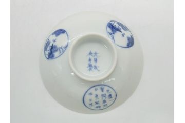 江戸期　古伊万里　大明成化年製　染付　山水文　丸文　3.6寸　約11cm　温かみのあるフォルムが魅力の蓋付き茶碗5客セット(三寸六分、和食器、和皿)(R-062246)