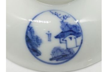 江戸期　古伊万里　大明成化年製　染付　山水文　丸文　3.6寸　約11cm　温かみのあるフォルムが魅力の蓋付き茶碗5客セット(三寸六分、和食器、和皿)(R-062246)