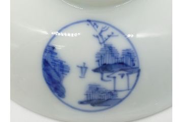 江戸期　古伊万里　大明成化年製　染付　山水文　丸文　3.6寸　約11cm　温かみのあるフォルムが魅力の蓋付き茶碗5客セット(三寸六分、和食器、和皿)(R-062246)