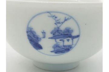 江戸期　古伊万里　大明成化年製　染付　山水文　丸文　3.6寸　約11cm　温かみのあるフォルムが魅力の蓋付き茶碗5客セット(三寸六分、和食器、和皿)(R-062246)