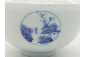 江戸期　古伊万里　大明成化年製　染付　山水文　丸文　3.6寸　約11cm　温かみのあるフォルムが魅力の蓋付き茶碗5客セット(三寸六分、和食器、和皿)(R-062246)
