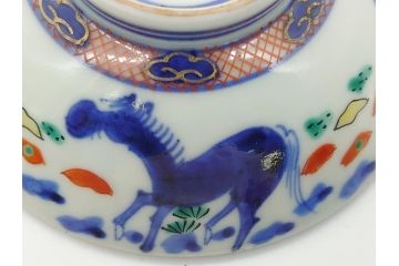 江戸期　萬暦年製　古伊万里　色絵　染付　稀少図柄　馬　3.8寸　約11.5cm　生き生きとした馬の絵付けが魅力の蓋付き茶碗3客セット(和食器、三寸八分)(R-062247)