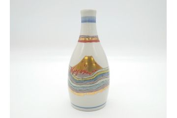 石川県指定無形文化財　武腰潤　九谷焼　色絵　金彩　富士山図　草花文　徳利2点セット(一輪挿し、花器、作家物、共箱無し)(R-062249)