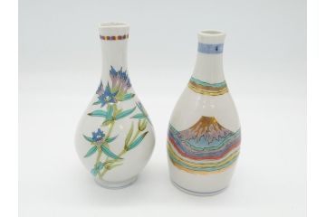 石川県指定無形文化財　武腰潤　九谷焼　色絵　金彩　富士山図　花文　徳利2点セット(一輪挿し、花器、作家物、共箱無し)(R-062250)