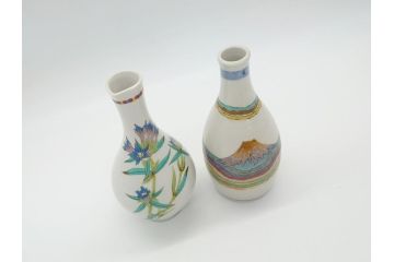 石川県指定無形文化財　武腰潤　九谷焼　色絵　金彩　富士山図　花文　徳利2点セット(一輪挿し、花器、作家物、共箱無し)(R-062250)