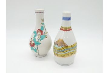 石川県指定無形文化財　武腰潤　九谷焼　色絵　金彩　富士山図　椿文　徳利2点セット(一輪挿し、花器、作家物、共箱無し)(R-062266)