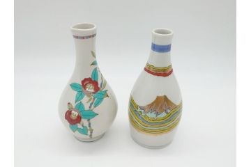 石川県指定無形文化財　武腰潤　九谷焼　色絵　金彩　富士山図　椿文　徳利2点セット(一輪挿し、花器、作家物、共箱無し)(R-062266)