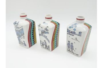 石川県指定無形文化財　武腰潤　九谷焼　色絵　春　秋　冬　角徳利　花瓶3点セット(一輪挿し、景色、風景、図変わり、花器、作家物、共箱無し)(R-062267)