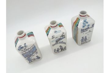 石川県指定無形文化財　武腰潤　九谷焼　色絵　春　秋　冬　角徳利　花瓶3点セット(一輪挿し、景色、風景、図変わり、花器、作家物、共箱無し)(R-062267)