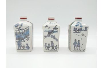 石川県指定無形文化財　武腰潤　九谷焼　色絵　春　秋　冬　角徳利　花瓶3点セット(一輪挿し、景色、風景、図変わり、花器、作家物、共箱無し)(R-062267)