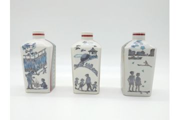 石川県指定無形文化財　武腰潤　九谷焼　色絵　春　秋　冬　角徳利　花瓶3点セット(一輪挿し、景色、風景、図変わり、花器、作家物、共箱無し)(R-062267)