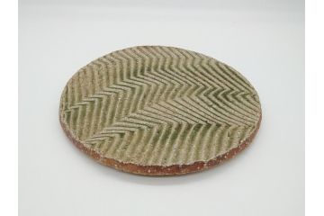 坂田甚内　益子焼　9寸皿　約27cm　波文　灰釉鎬手皿(共箱付き、九寸、大皿、和食器、和皿、プレート、作家物)(R-062277)