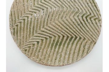 坂田甚内　益子焼　9寸皿　約27cm　波文　灰釉鎬手皿(共箱付き、九寸、大皿、和食器、和皿、プレート、作家物)(R-062277)