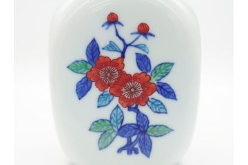 今泉今右衛門　今泉陶園　綿花画花瓶(共箱付き、花器、赤絵、色絵付)(R-062278)