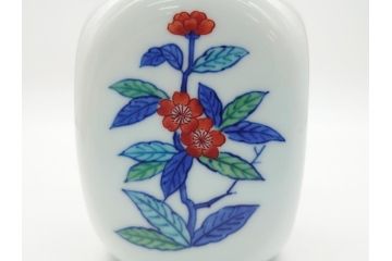 今泉今右衛門　今泉陶園　綿花画花瓶(共箱付き、花器、赤絵、色絵付)(R-062278)