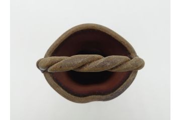 柴岡守　備前焼　手付花入(共箱付き、陶印あり、花器、作家物)(R-062280)
