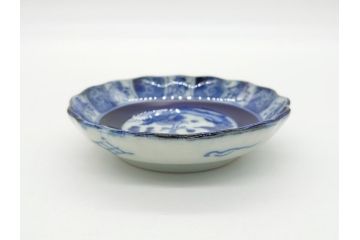 江戸期　古伊万里　染付　龍寿紋　3.1寸皿　約9.5cm　吉祥を招くおめでたい絵付けの菊皿3客セット(小皿、なます皿、菊花形、壽字文、三寸一分、和食器、和皿)(R-062281)