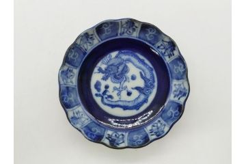 江戸期　古伊万里　染付　龍寿紋　3.1寸皿　約9.5cm　吉祥を招くおめでたい絵付けの菊皿3客セット(小皿、なます皿、菊花形、壽字文、三寸一分、和食器、和皿)(R-062281)