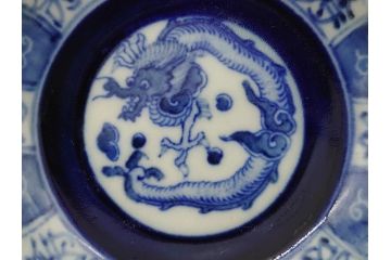 江戸期　古伊万里　染付　龍寿紋　3.1寸皿　約9.5cm　吉祥を招くおめでたい絵付けの菊皿3客セット(小皿、なます皿、菊花形、壽字文、三寸一分、和食器、和皿)(R-062281)
