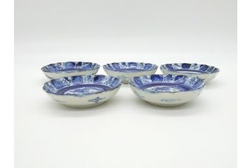 江戸期　古伊万里　染付　龍寿紋　3.1寸皿　約9.5cm　吉祥を招くおめでたい絵付けの菊皿5客セット(小皿、なます皿、菊花形、壽字文、三寸一分、和食器、和皿)(R-062282)