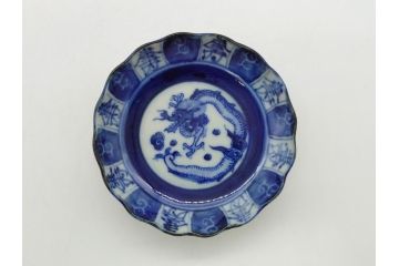 江戸期　古伊万里　染付　龍寿紋　3.1寸皿　約9.5cm　吉祥を招くおめでたい絵付けの菊皿5客セット(小皿、なます皿、菊花形、壽字文、三寸一分、和食器、和皿)(R-062282)