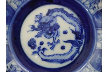 江戸期　古伊万里　染付　龍寿紋　3.1寸皿　約9.5cm　吉祥を招くおめでたい絵付けの菊皿5客セット(小皿、なます皿、菊花形、壽字文、三寸一分、和食器、和皿)(R-062282)