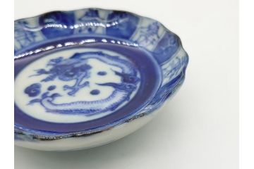 江戸期　古伊万里　染付　龍寿紋　3.1寸皿　約9.5cm　吉祥を招くおめでたい絵付けの菊皿5客セット(小皿、なます皿、菊花形、壽字文、三寸一分、和食器、和皿)(R-062282)