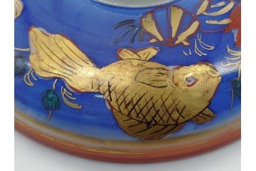 希少　明治期　伊万里焼　金彩　色絵　染付　金魚図　食卓を華やかに演出する蓋付き茶碗3客セット(和食器)(R-062285)