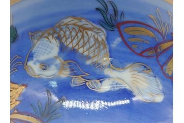 希少　明治期　伊万里焼　金彩　色絵　染付　金魚図　食卓を華やかに演出する蓋付き茶碗3客セット(和食器)(R-062285)