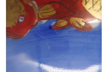 希少　明治期　伊万里焼　金彩　色絵　染付　金魚図　食卓を華やかに演出する蓋付き茶碗3客セット(和食器)(R-062285)