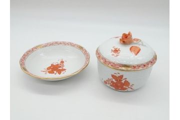 希少　ヘレンド　ハンガリー　HEREND HVNGARY　アポニー　オレンジ　テーブルウェアとしてもインテリアとしても使用できる愛らしいデザインのプレート&シュガーポットセット(HUNGARY、ボンボン入れ、蓋物、小物入れ、皿、バラ、薔薇、西洋陶磁器)(R-062286)