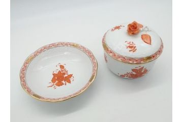 希少　ヘレンド　ハンガリー　HEREND HVNGARY　アポニー　オレンジ　テーブルウェアとしてもインテリアとしても使用できる愛らしいデザインのプレート&シュガーポットセット(HUNGARY、ボンボン入れ、蓋物、小物入れ、皿、バラ、薔薇、西洋陶磁器)(R-062286)