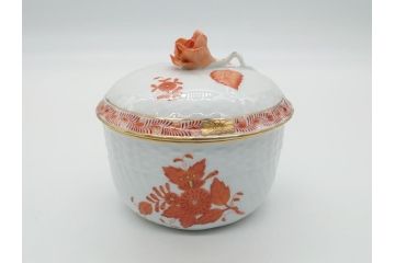 希少　ヘレンド　ハンガリー　HEREND HVNGARY　アポニー　オレンジ　テーブルウェアとしてもインテリアとしても使用できる愛らしいデザインのプレート&シュガーポットセット(HUNGARY、ボンボン入れ、蓋物、小物入れ、皿、バラ、薔薇、西洋陶磁器)(R-062286)