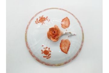 希少　ヘレンド　ハンガリー　HEREND HVNGARY　アポニー　オレンジ　テーブルウェアとしてもインテリアとしても使用できる愛らしいデザインのプレート&シュガーポットセット(HUNGARY、ボンボン入れ、蓋物、小物入れ、皿、バラ、薔薇、西洋陶磁器)(R-062286)