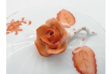 希少　ヘレンド　ハンガリー　HEREND HVNGARY　アポニー　オレンジ　テーブルウェアとしてもインテリアとしても使用できる愛らしいデザインのプレート&シュガーポットセット(HUNGARY、ボンボン入れ、蓋物、小物入れ、皿、バラ、薔薇、西洋陶磁器)(R-062286)