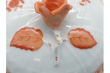 希少　ヘレンド　ハンガリー　HEREND HVNGARY　アポニー　オレンジ　テーブルウェアとしてもインテリアとしても使用できる愛らしいデザインのプレート&シュガーポットセット(HUNGARY、ボンボン入れ、蓋物、小物入れ、皿、バラ、薔薇、西洋陶磁器)(R-062286)