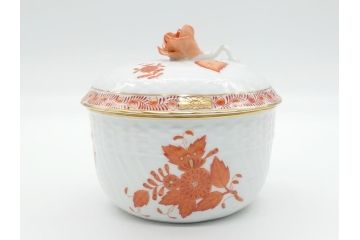 希少　ヘレンド　ハンガリー　HEREND HVNGARY　アポニー　オレンジ　テーブルウェアとしてもインテリアとしても使用できる愛らしいデザインのプレート&シュガーポットセット(HUNGARY、ボンボン入れ、蓋物、小物入れ、皿、バラ、薔薇、西洋陶磁器)(R-062286)