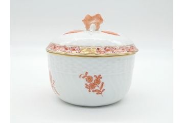 希少　ヘレンド　ハンガリー　HEREND HVNGARY　アポニー　オレンジ　テーブルウェアとしてもインテリアとしても使用できる愛らしいデザインのプレート&シュガーポットセット(HUNGARY、ボンボン入れ、蓋物、小物入れ、皿、バラ、薔薇、西洋陶磁器)(R-062286)