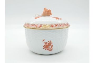 希少　ヘレンド　ハンガリー　HEREND HVNGARY　アポニー　オレンジ　テーブルウェアとしてもインテリアとしても使用できる愛らしいデザインのプレート&シュガーポットセット(HUNGARY、ボンボン入れ、蓋物、小物入れ、皿、バラ、薔薇、西洋陶磁器)(R-062286)