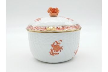 希少　ヘレンド　ハンガリー　HEREND HVNGARY　アポニー　オレンジ　テーブルウェアとしてもインテリアとしても使用できる愛らしいデザインのプレート&シュガーポットセット(HUNGARY、ボンボン入れ、蓋物、小物入れ、皿、バラ、薔薇、西洋陶磁器)(R-062286)