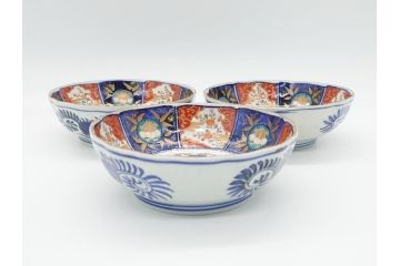 幕末〜明治期　富長貴春(富貴長春)　伊万里　色絵　金彩　5寸皿　約15cm　煌びやかで豪華な絵付けの深皿3客セット(和食器、和皿、変形皿、五寸)(R-062287)