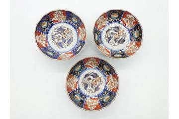 幕末〜明治期　富長貴春(富貴長春)　伊万里　色絵　金彩　5寸皿　約15cm　煌びやかで豪華な絵付けの深皿3客セット(和食器、和皿、変形皿、五寸)(R-062287)