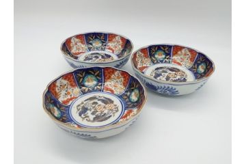 幕末〜明治期　富長貴春(富貴長春)　伊万里　色絵　金彩　5寸皿　約15cm　煌びやかで豪華な絵付けの深皿3客セット(和食器、和皿、変形皿、五寸)(R-062288)